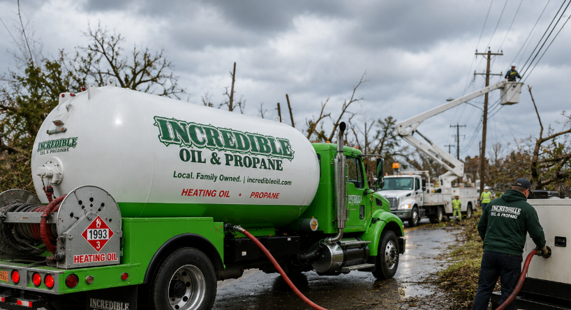Incredible Oil fuel truck supporting hurricane relief and emergency generator fueling during a power outage.