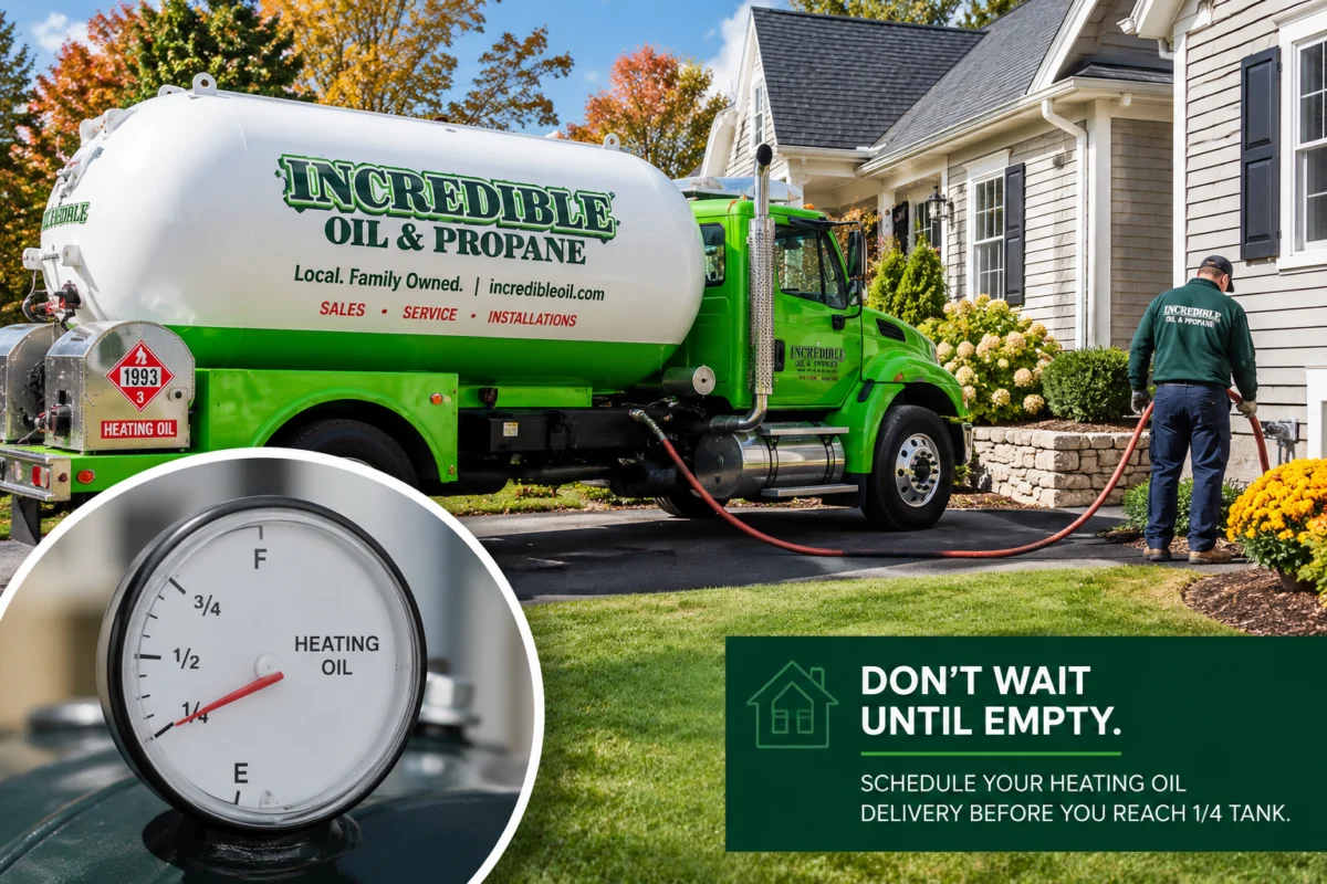Incredible Oil heating oil delivery truck at a Connecticut home with a heating oil tank gauge approaching one-quarter full.